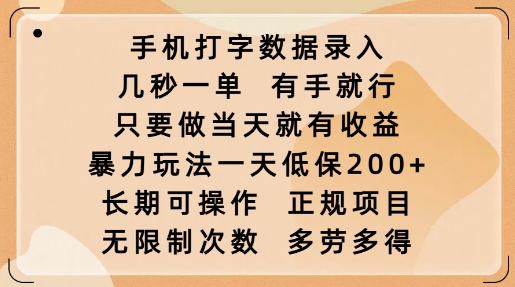 手机打字数据录入，几秒一单，有手就行，只要做当天就有收益，暴力玩法一天低保2张-慧创网