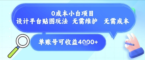 0成本小白项目，设计平台贴图玩法，无需维护，无需成本，单账号单月可产生收益4k+-慧创网