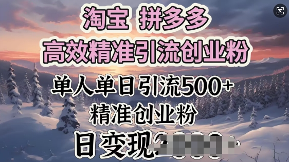 淘宝拼多多高效精准引流创业粉，单人单日引流500+创业粉，日变现多张-慧创网
