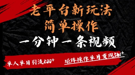 老平台，新玩法，简单操作，一分钟一条视频，单人单人引流200+矩阵操作，单月变现过w-慧创网