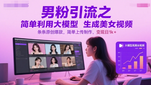 男粉引流之简单利用大模型生成美女视频，条条原创爆款，简单上传制作，变现日1k+-慧创网
