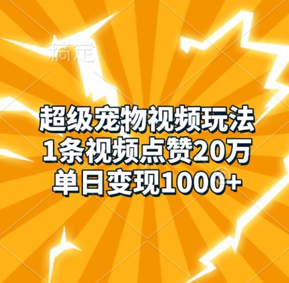 超级宠物视频玩法，1条视频点赞20万，单日变现1k-慧创网