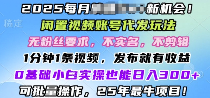 2025闲置视频账号一键代发玩法，0粉不实名不剪辑，领了视频直接发，0基础小白也能日入3张-慧创网