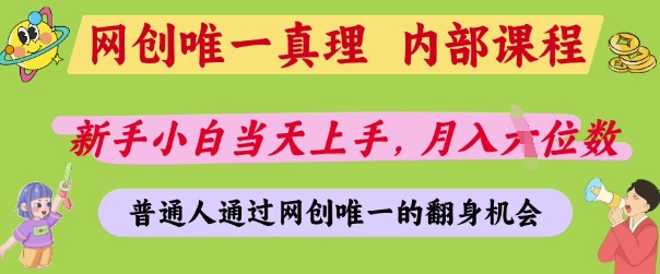网创唯一真理，内部课程，新手小白当天上手，月入5位数，普通人通过网创唯一的机会【揭秘】-慧创网