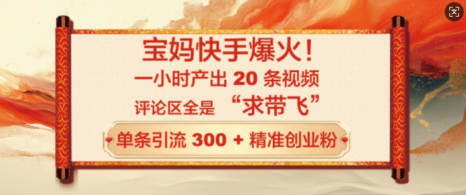 宝妈快手爆火，一小时产出 20 条视频，评论区全是 “求带飞”，单条引流 300 + 精准创业粉-慧创网