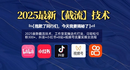2025最新截流技术，工作室实操迭代打法，日轻松引粉300+，抖音+小红书+B站+视频号流量实操全流程-慧创网