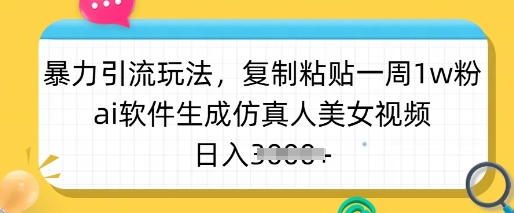 暴力引流玩法，复制粘贴一周1w粉，ai软件生成仿真人美女视频，日入多张-慧创网