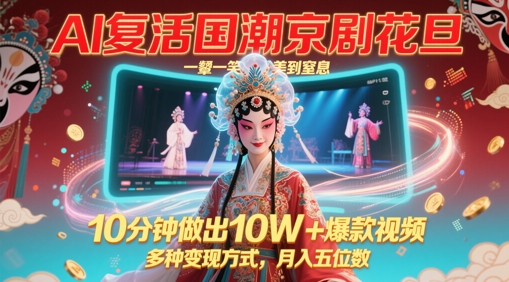 AI复活国潮京剧花旦，一颦一笑美到窒息，10分钟做出10W+爆款视频，多种变现方式，月入五位数-慧创网